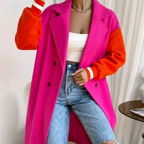 Colorblock Drop Shoulder Double Breasted Overcoat - Picture 3 of 6